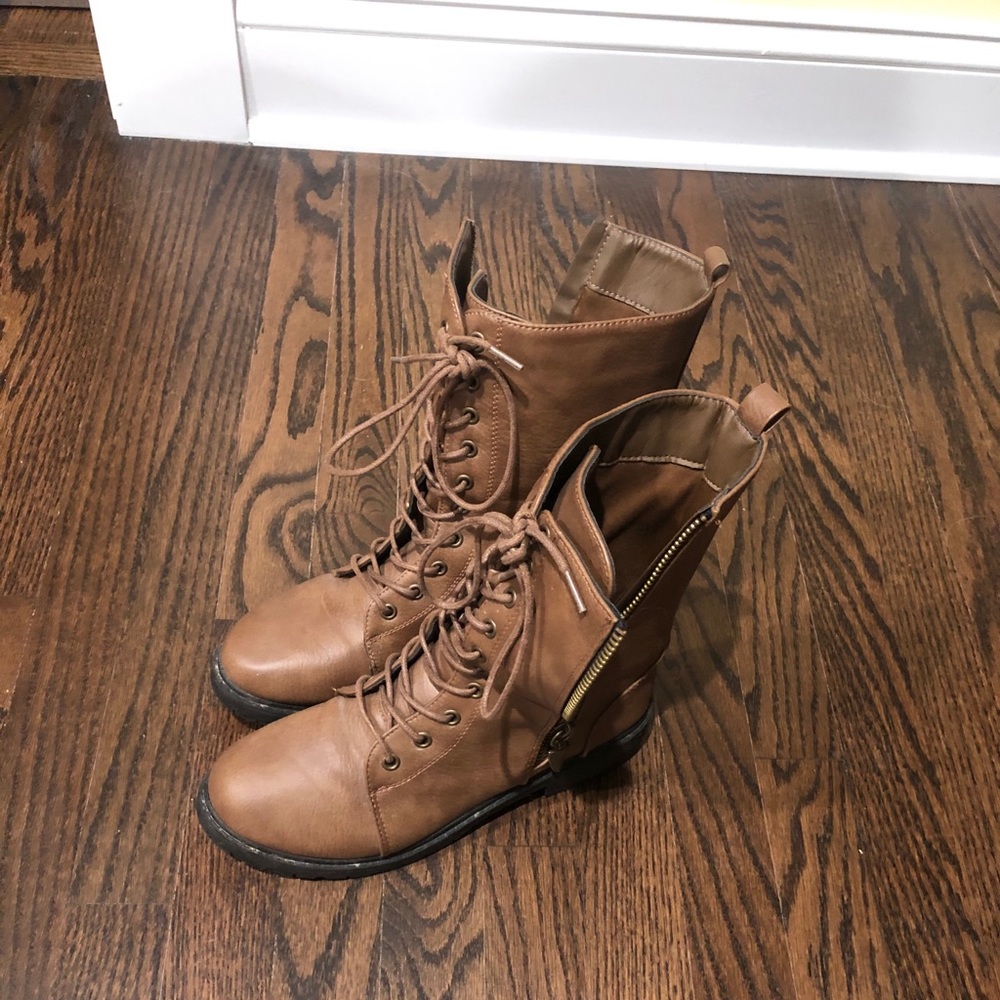 Brown faux leather tie up boots